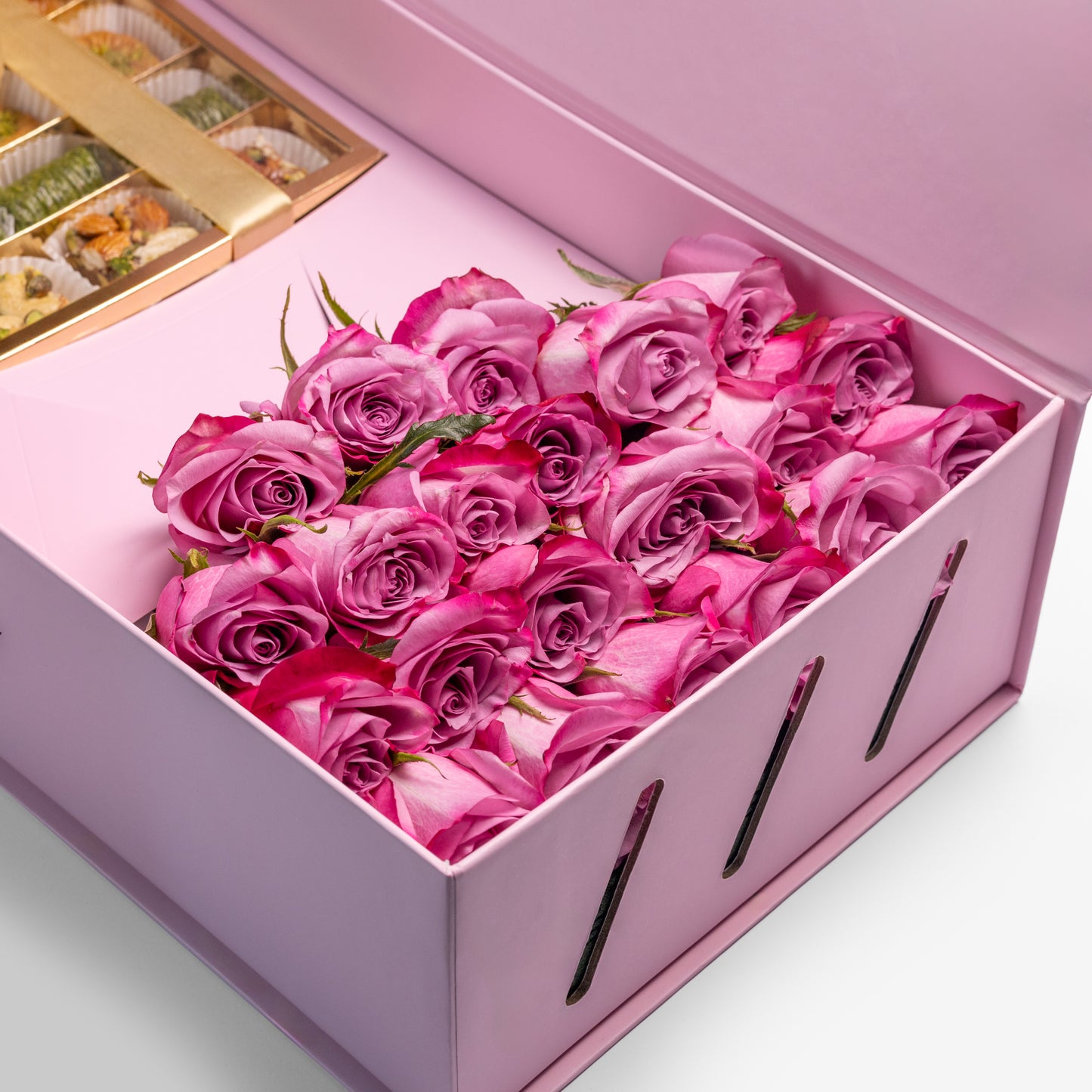 Flourey Pink Box with Baklava and Purple Roses