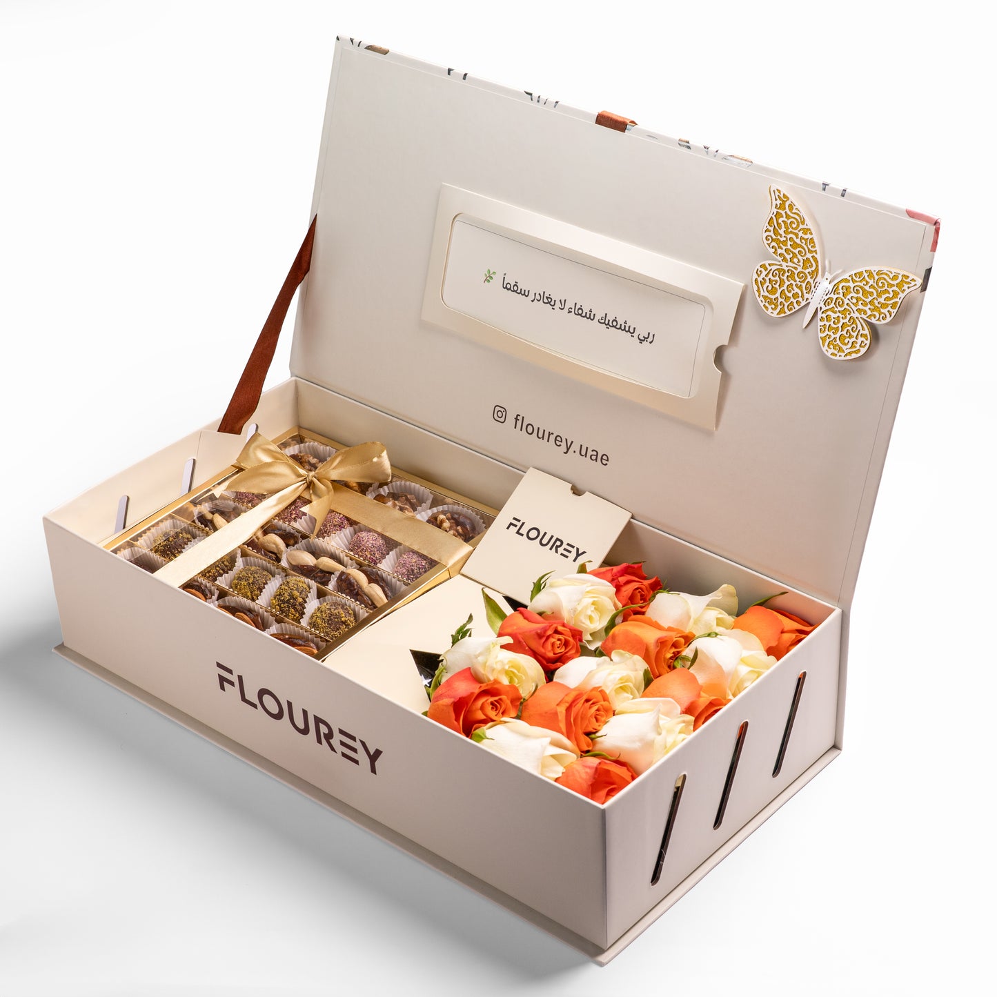 Flourey Box Beige with Orange, white Roses & Gourmet Stuffed Dates