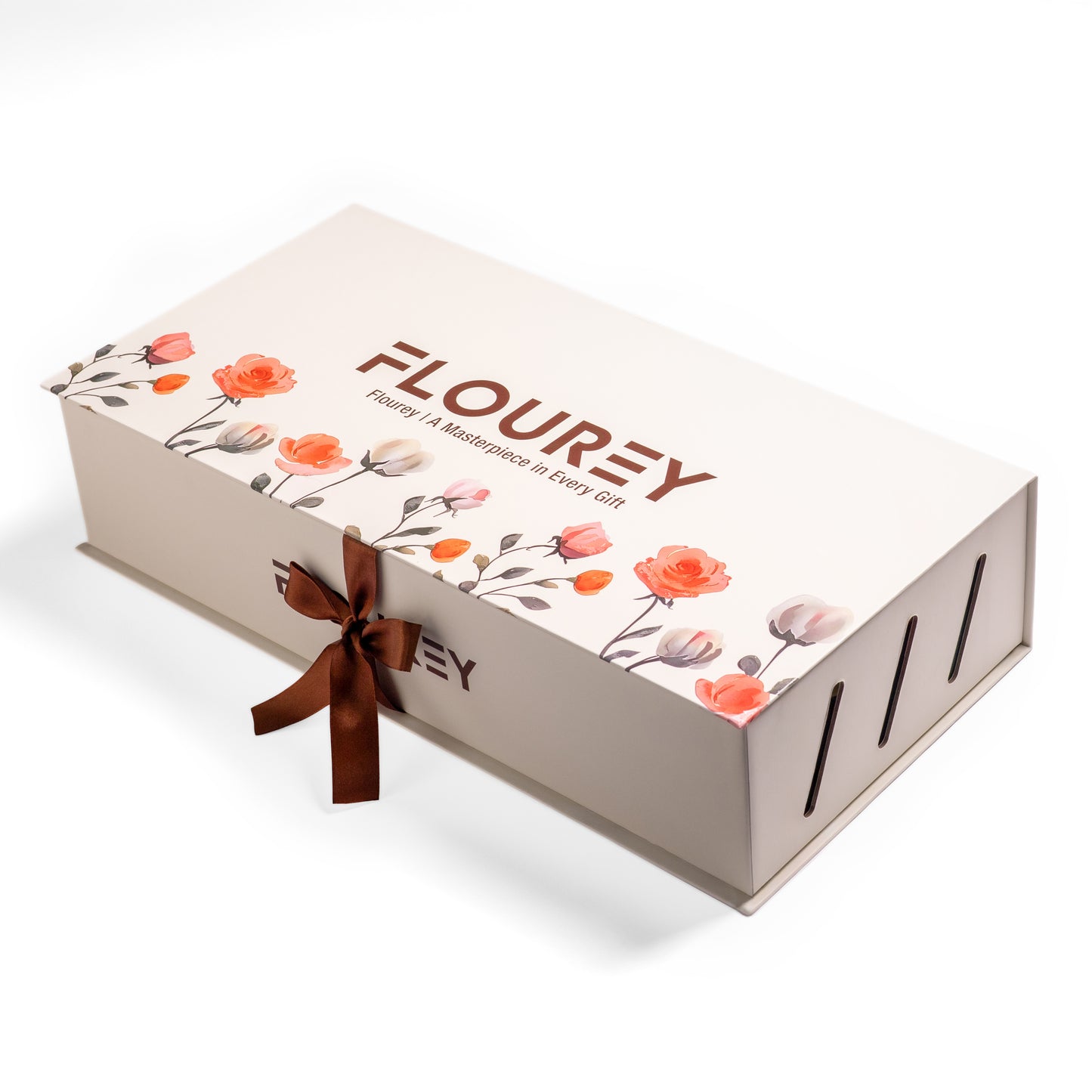 Flourey Box Beige with Orange, white Roses & Gourmet Stuffed Dates