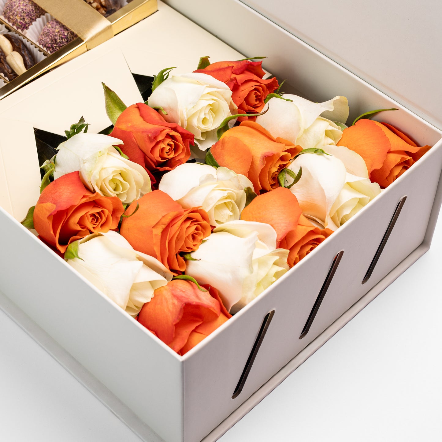 Flourey Box Beige with Orange, white Roses & Gourmet Stuffed Dates