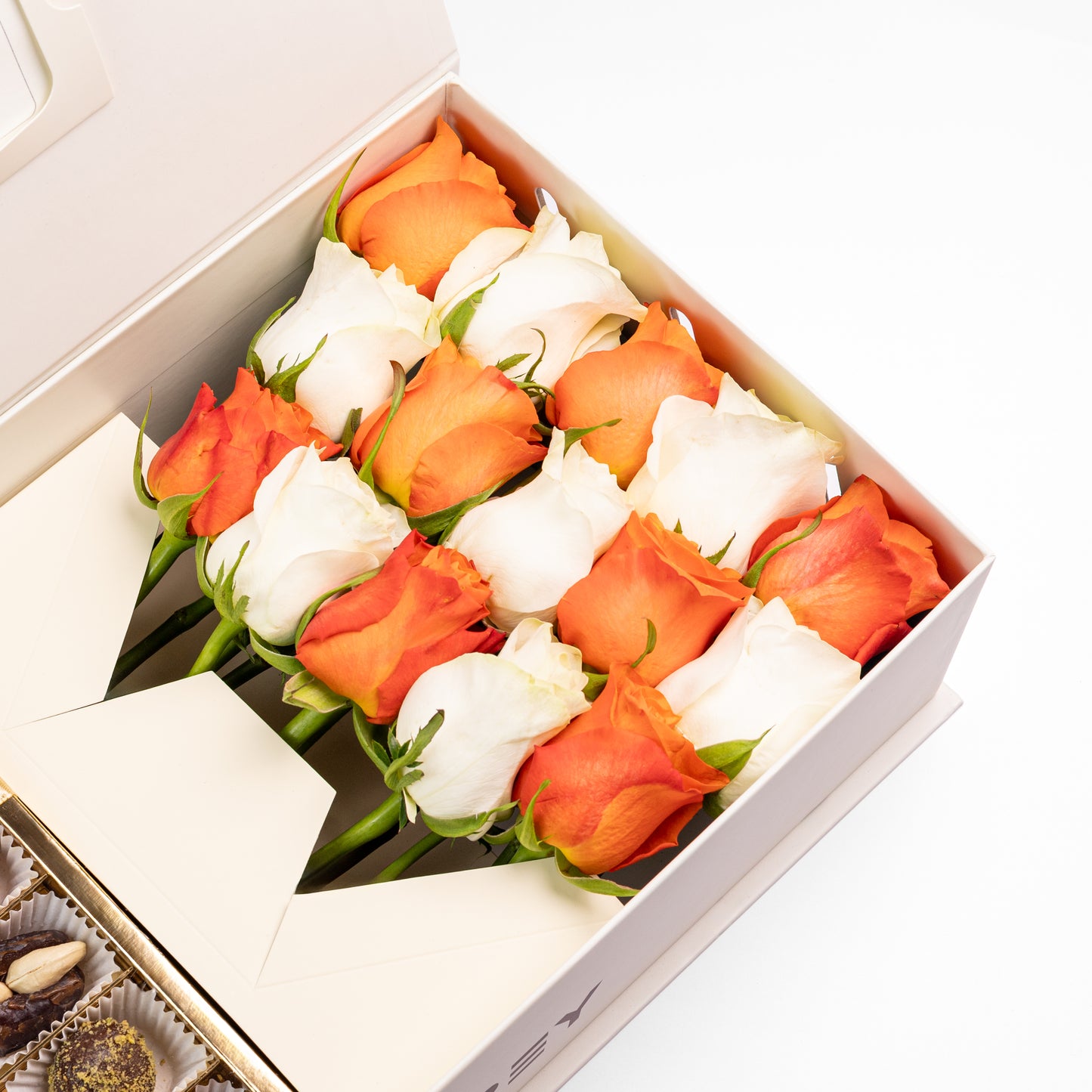 Flourey Box Beige with Orange, white Roses & Gourmet Stuffed Dates