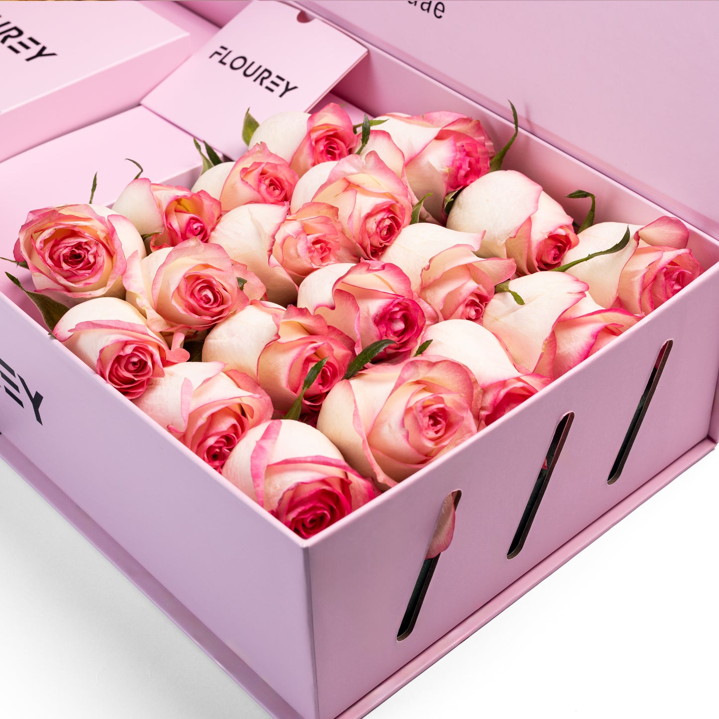 Flourey Pink Box with Light Pink Roses