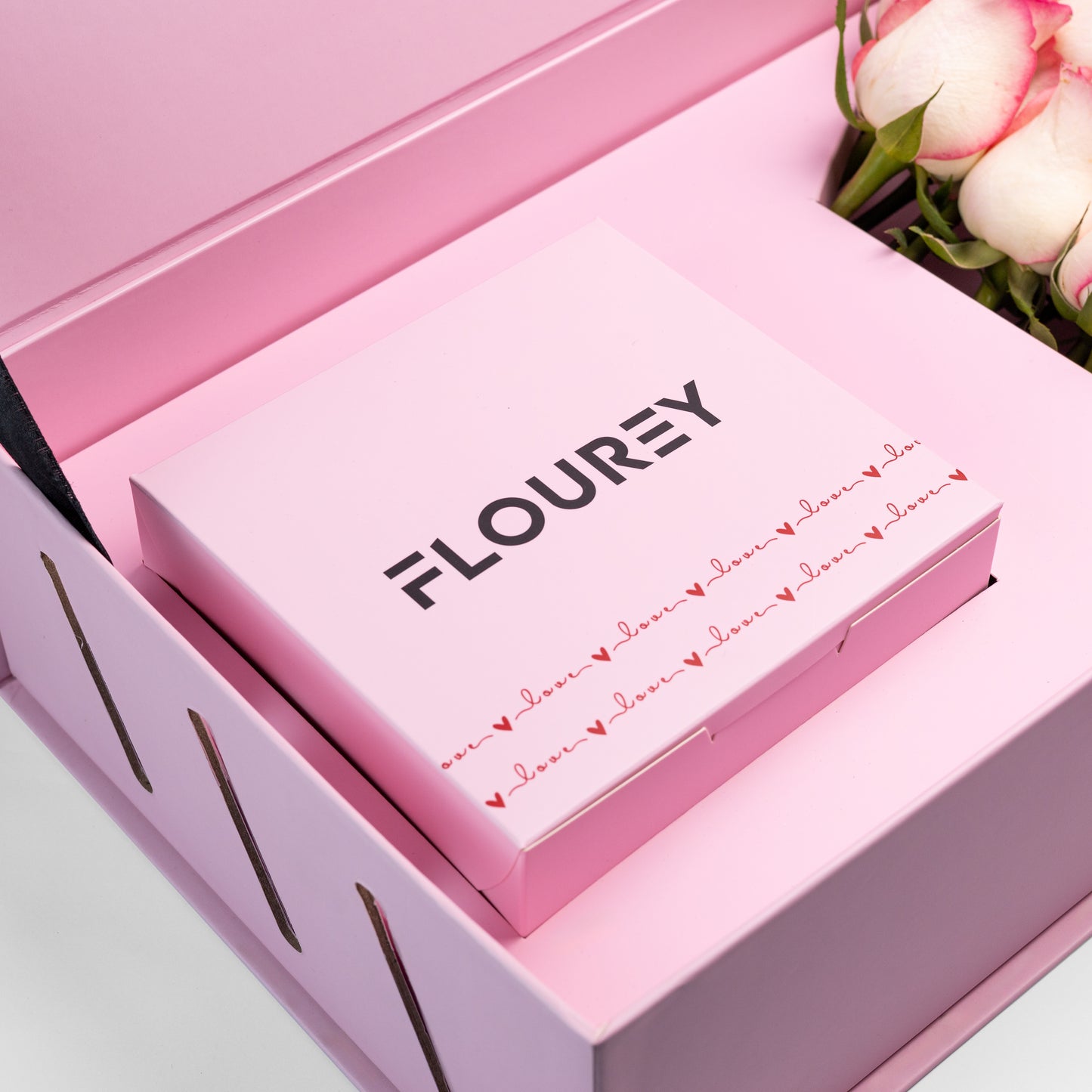 Flourey Pink Box with Light Pink Roses