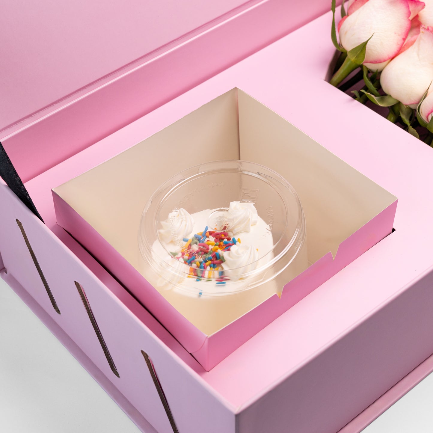 Flourey Pink Box with Light Pink Roses