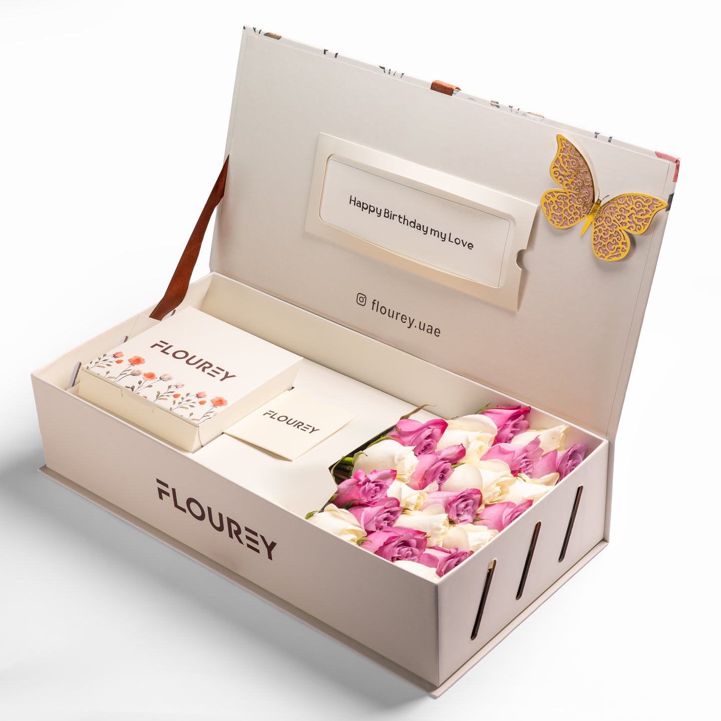 Flourey Beige Box with Purple and white Roses