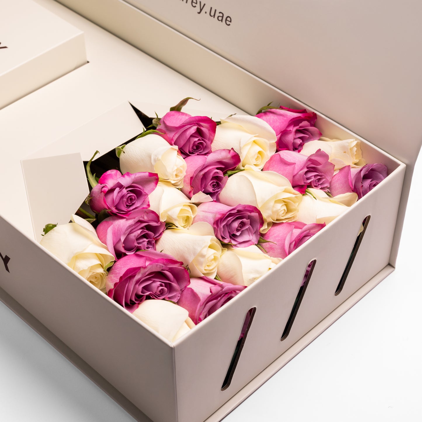 Flourey Beige Box with Purple and white Roses