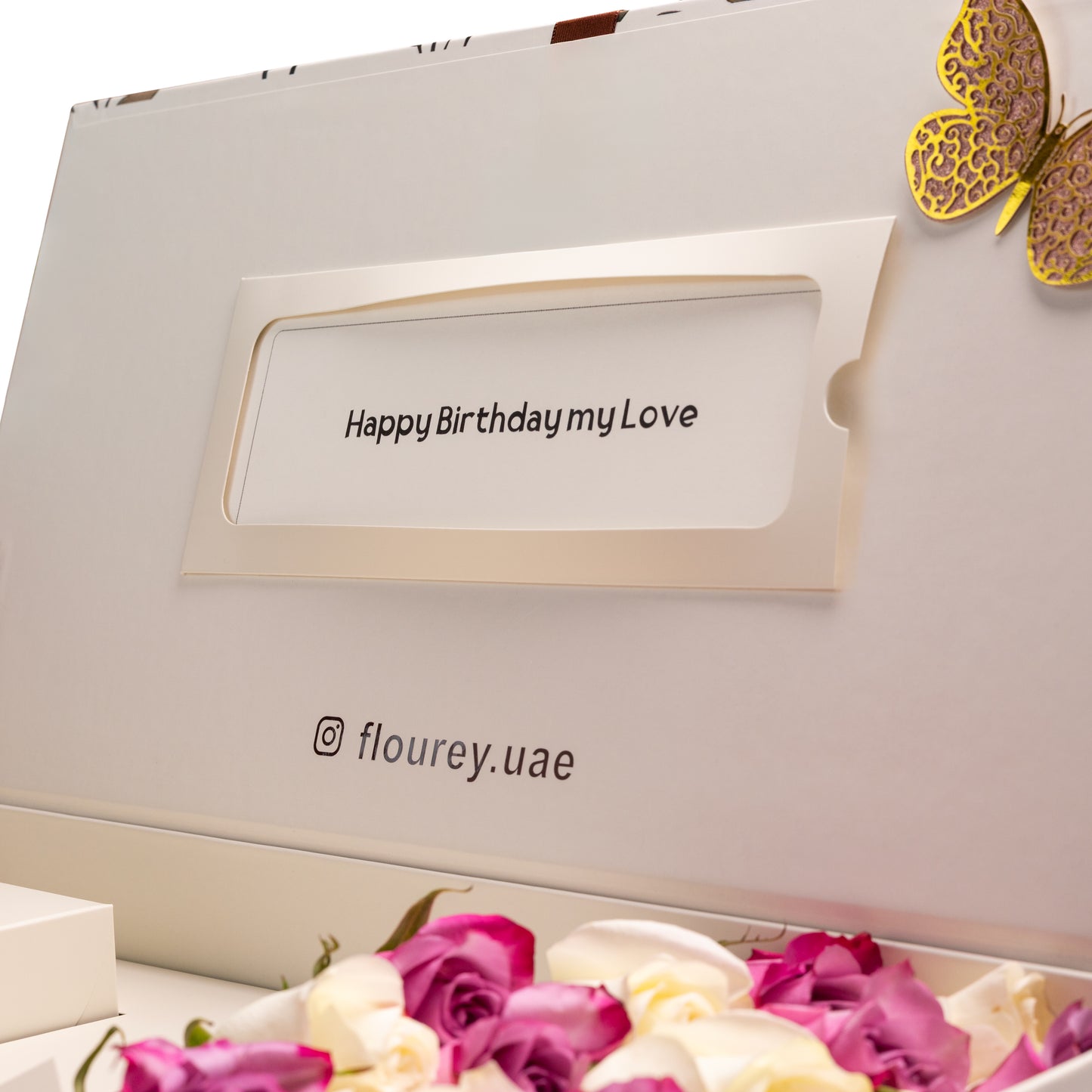Flourey Beige Box with Purple and white Roses