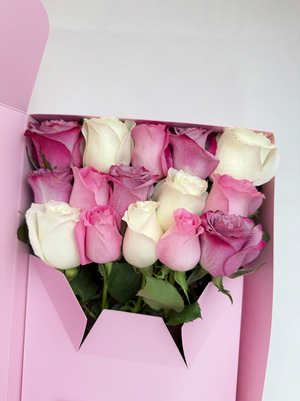 Flourey Pink Box with White and Red Roses