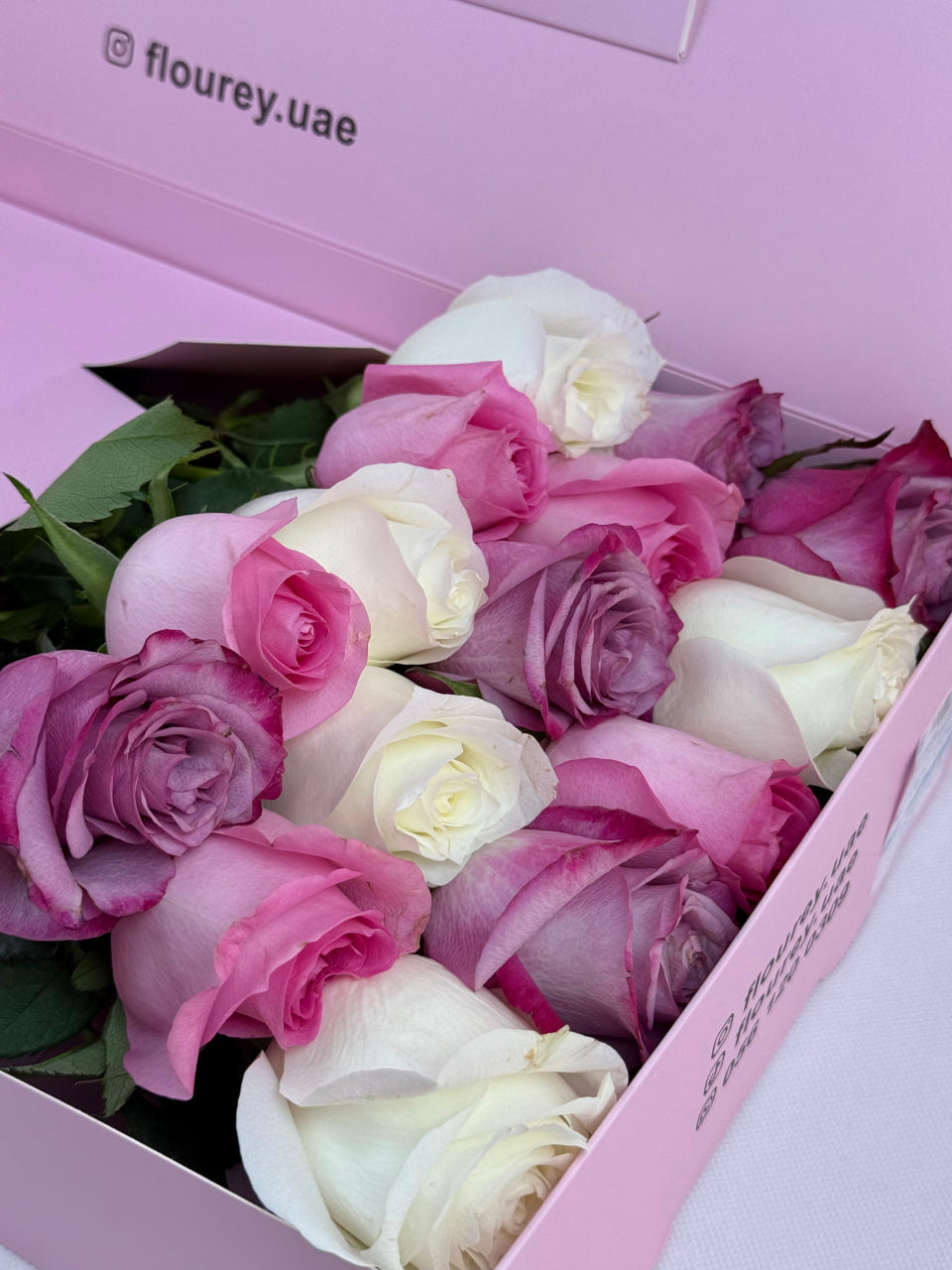 Flourey Pink Box with White and Red Roses