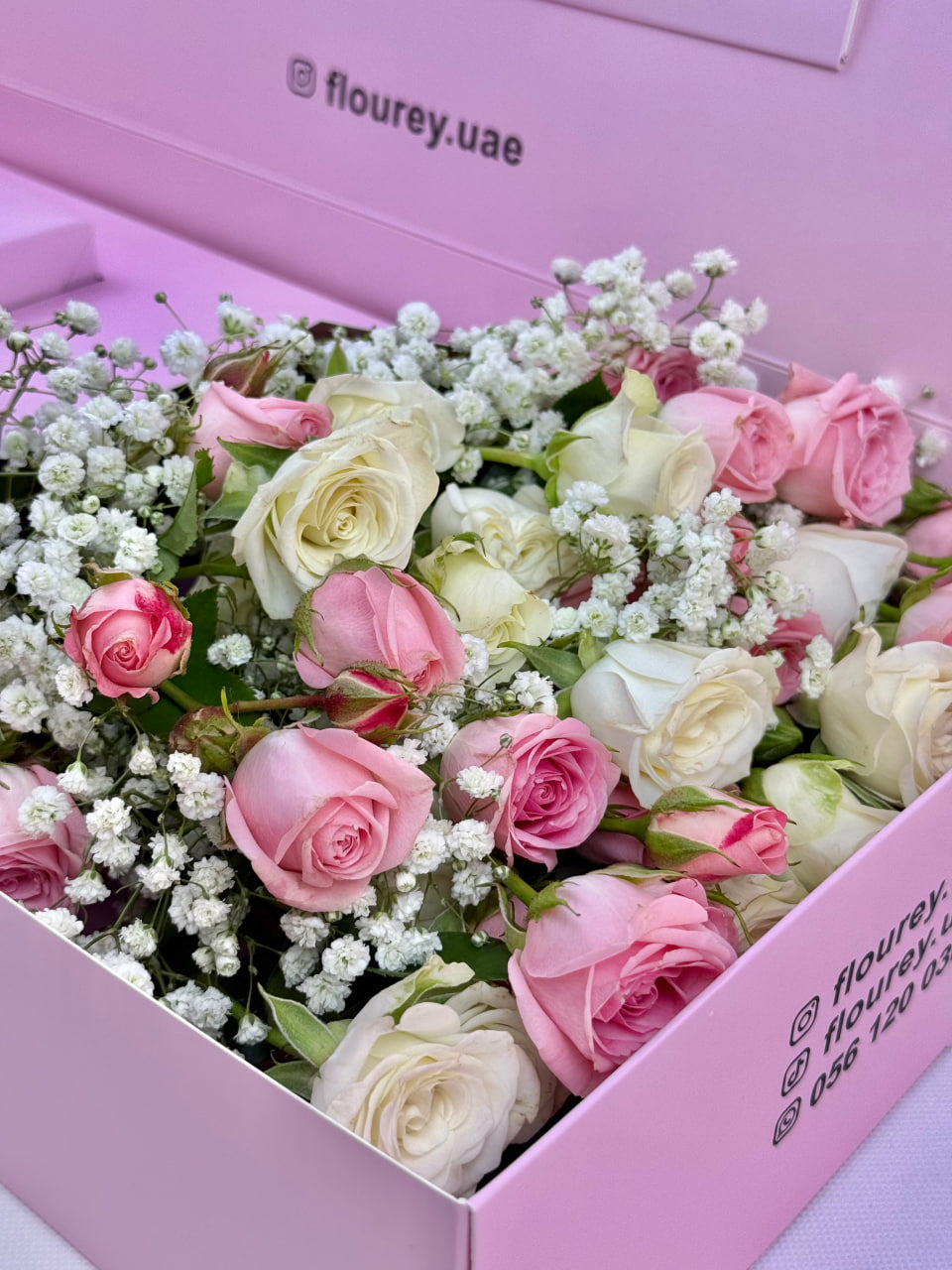 Flourey Pink Box with Pink and White baby roses