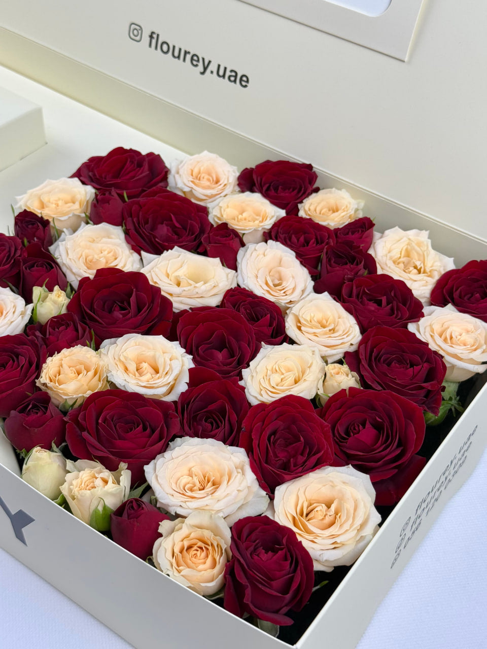 Flourey Beige Box with White and Red Roses