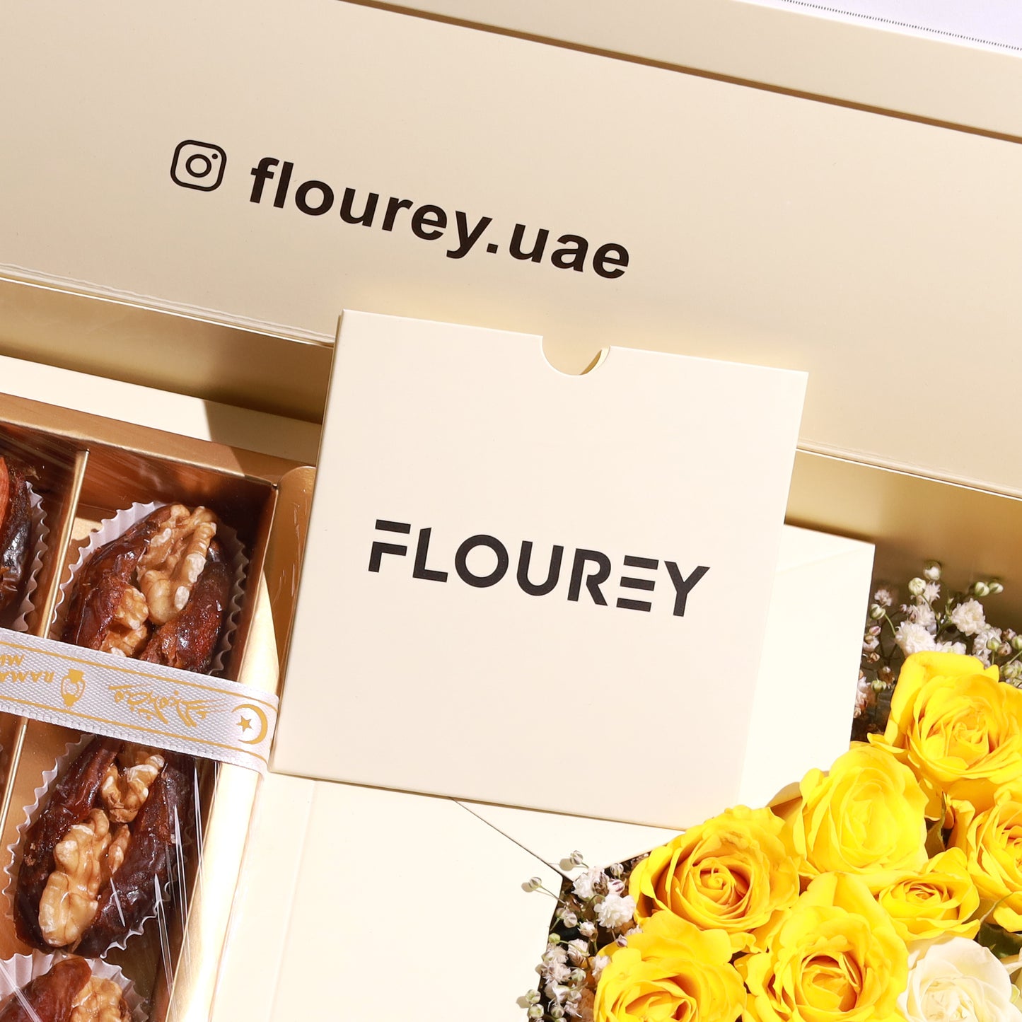 Flourey Beige Box with Yellow Roses & Gourmet Stuffed Dates