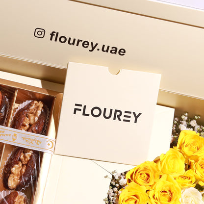 Flourey Beige Box with Yellow Roses & Gourmet Stuffed Dates
