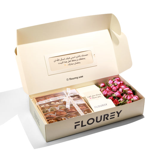 Flourey Beige Box with Pink Roses & Gourmet Stuffed Dates
