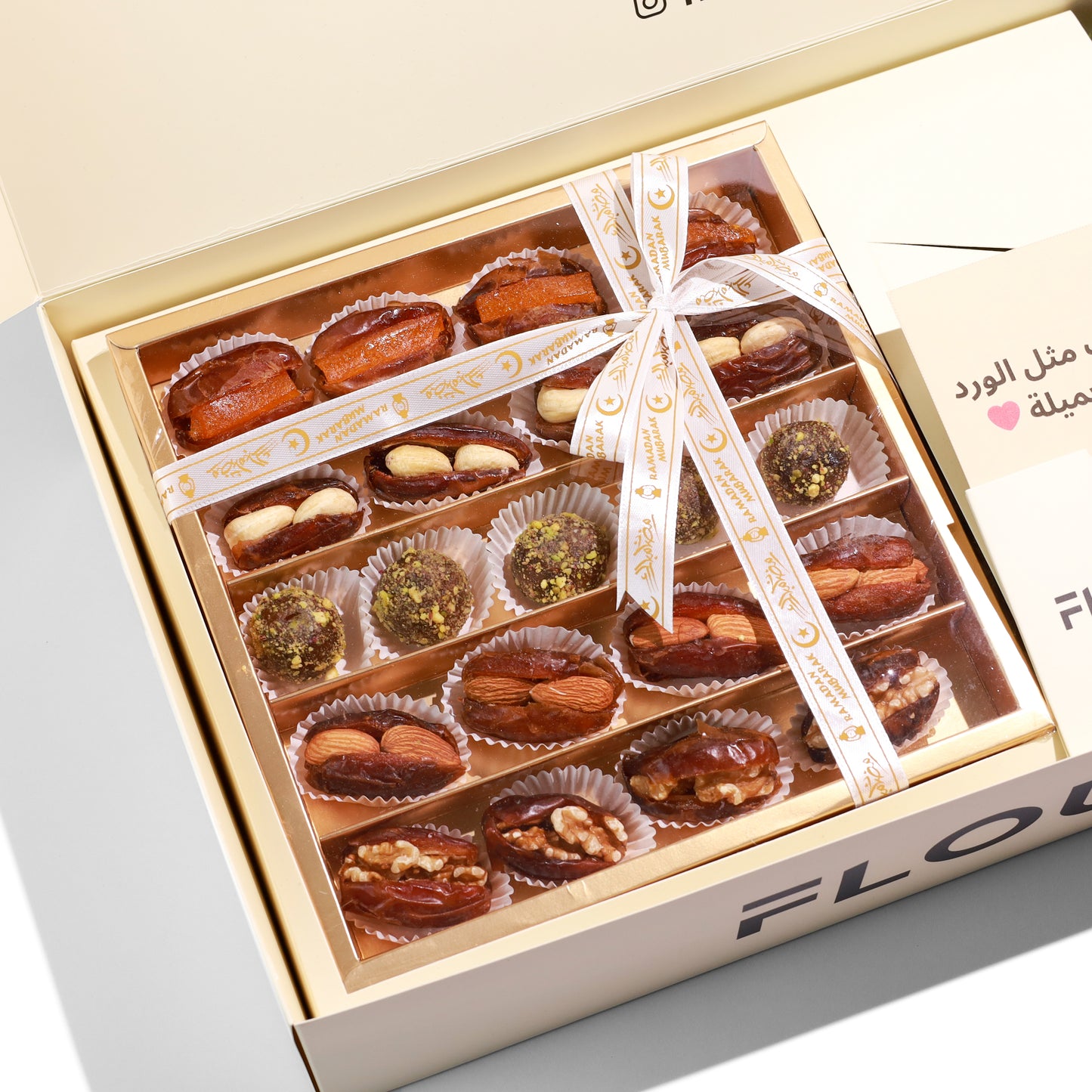 Flourey Beige Box with Pink Roses & Gourmet Stuffed Dates