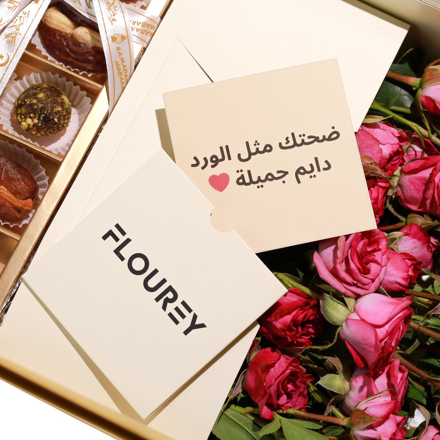 Flourey Beige Box with Pink Roses & Gourmet Stuffed Dates