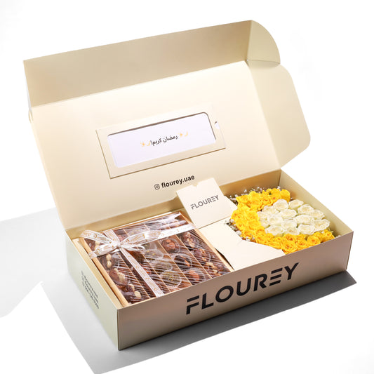 Flourey Beige Box with Yellow Roses & Gourmet Stuffed Dates