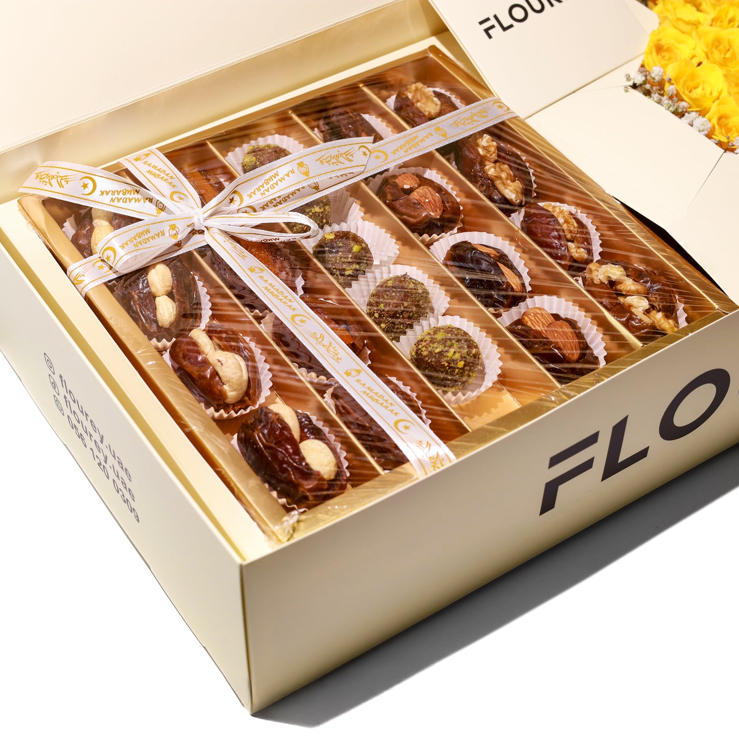 Flourey Beige Box with Yellow Roses & Gourmet Stuffed Dates