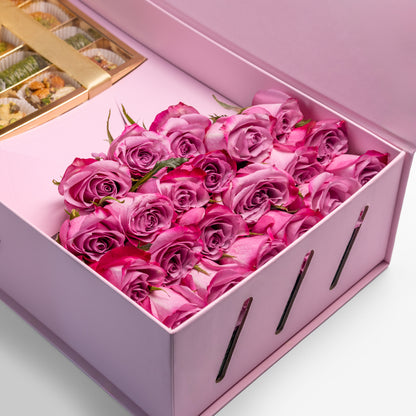 Flourey Pink Box with Baklava and Purple Roses