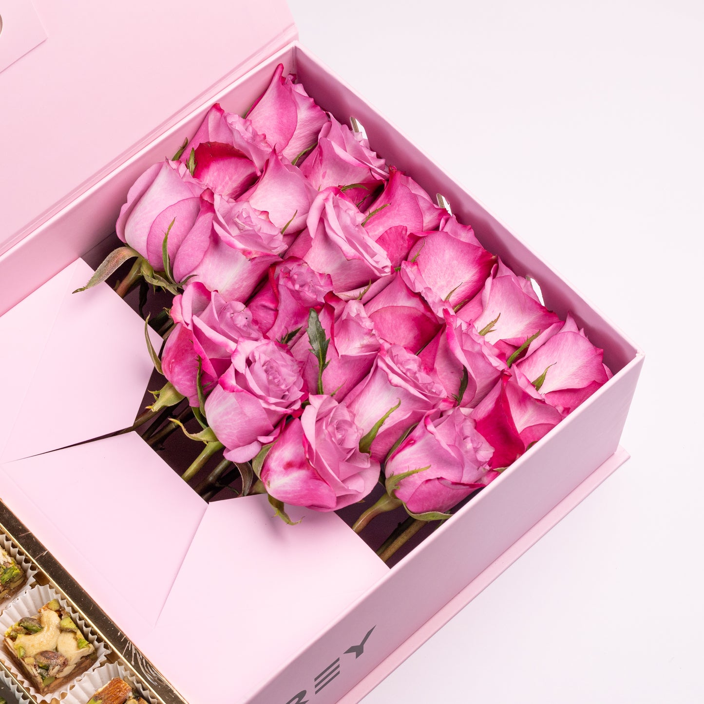 Flourey Pink Box with Baklava and Purple Roses