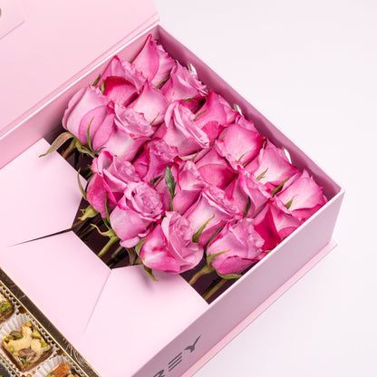 Flourey Pink Box with Baklava and Purple Roses