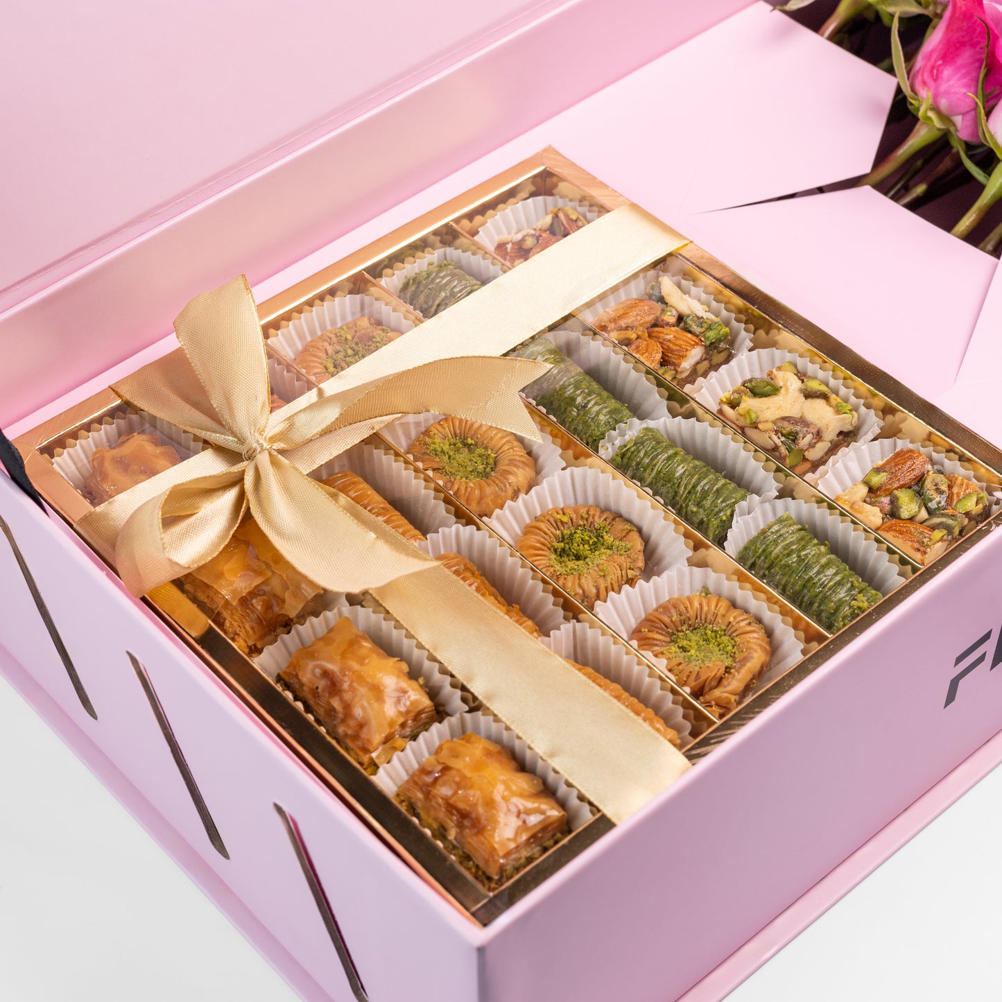 Flourey Pink Box with Baklava and Purple Roses