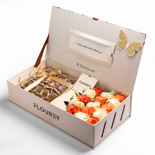 Flourey Box Beige with Orange, white Roses & Gourmet Stuffed Dates