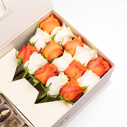 Flourey Box Beige with Orange, white Roses & Gourmet Stuffed Dates