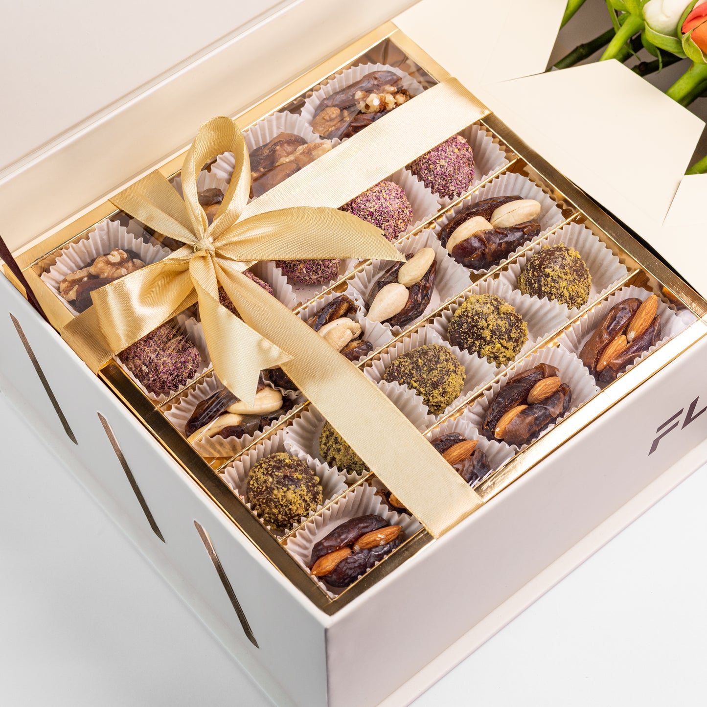 Flourey Box Beige with Orange, white Roses & Gourmet Stuffed Dates