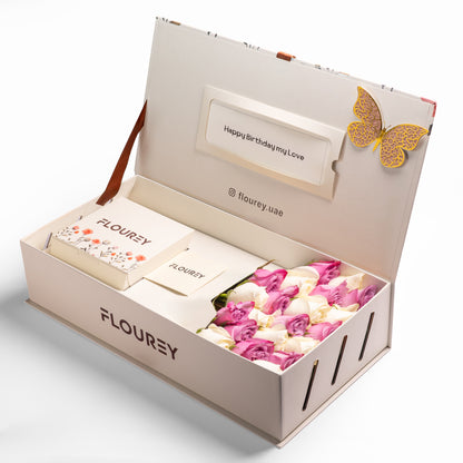 Flourey Beige Box with Purple and white Roses