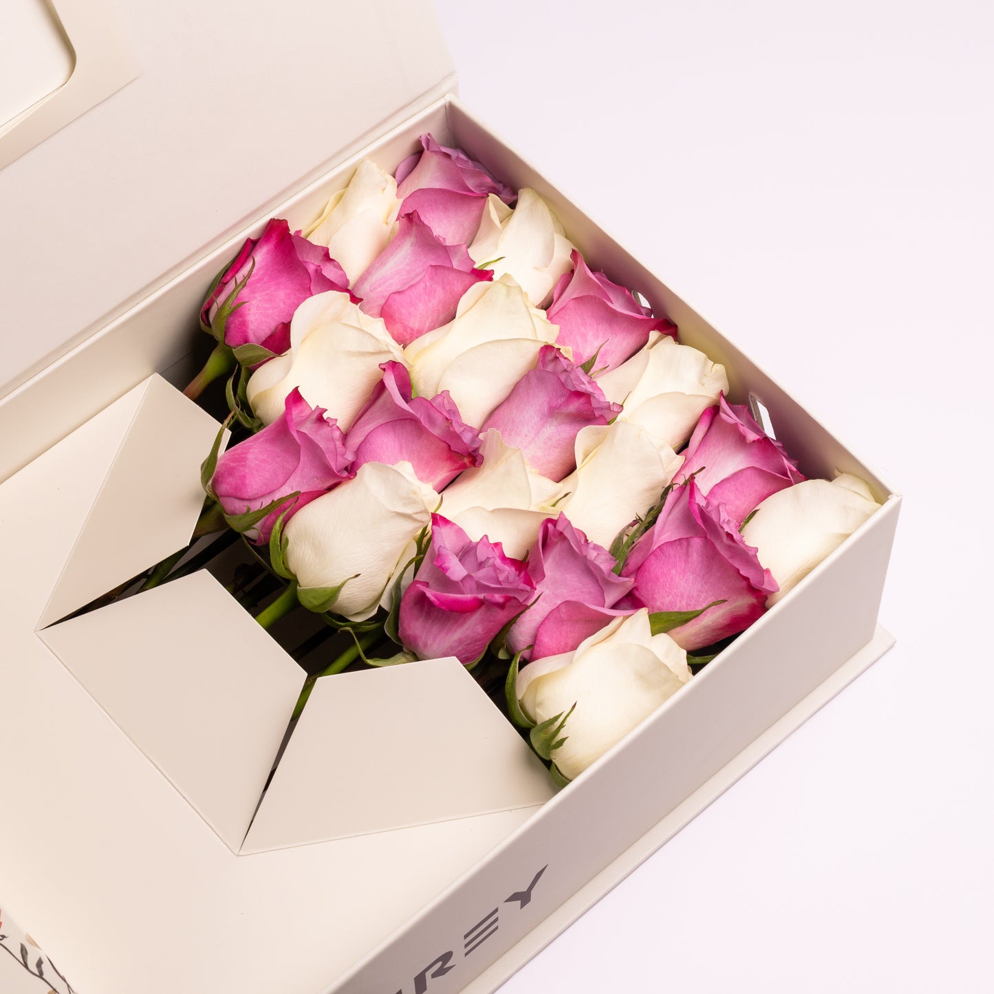 Flourey Beige Box with Purple and white Roses