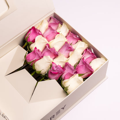 Flourey Beige Box with Purple and white Roses