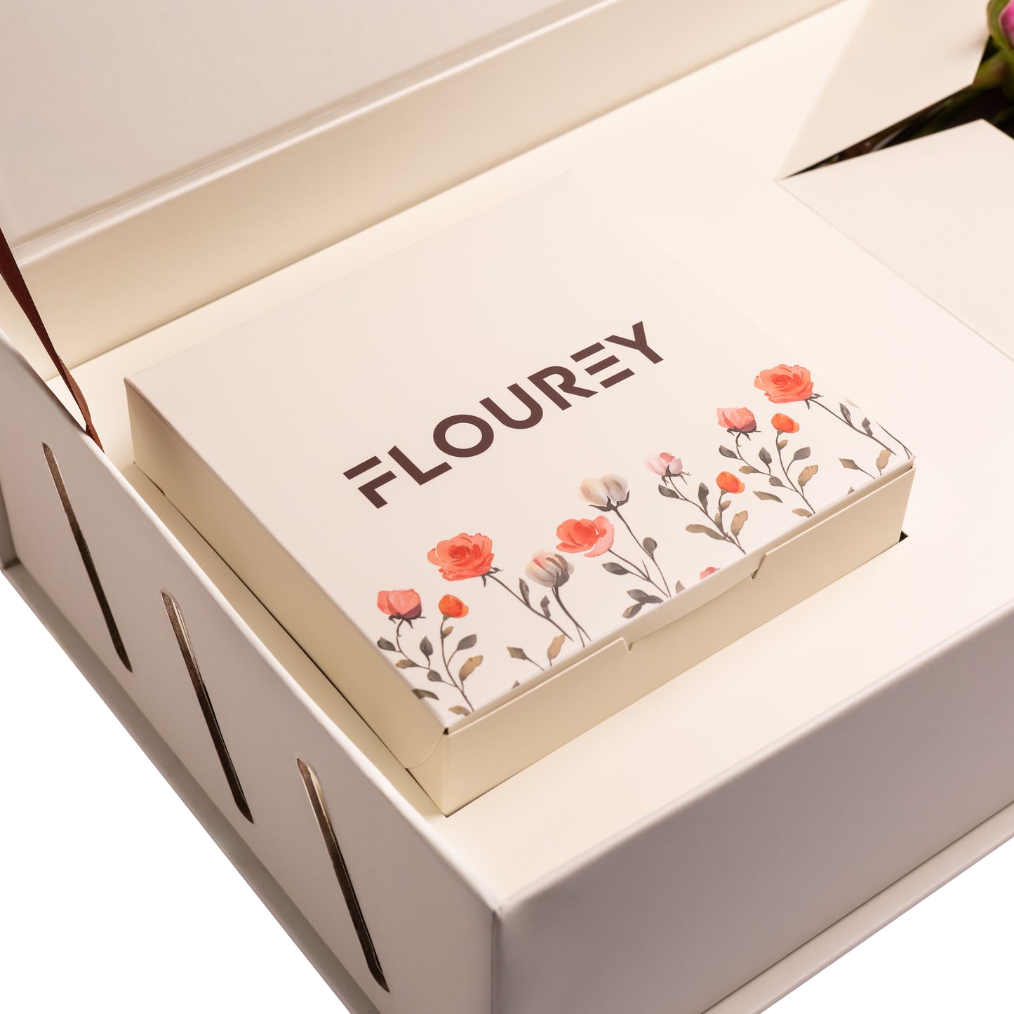 Flourey Beige Box with Purple and white Roses