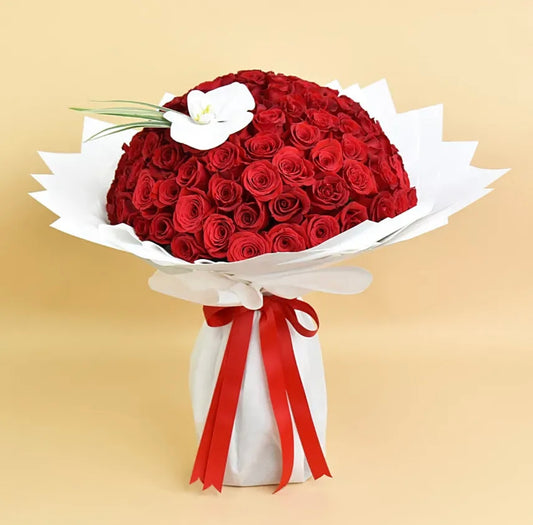 100  Red Roses Bouquet with White Wrapping
