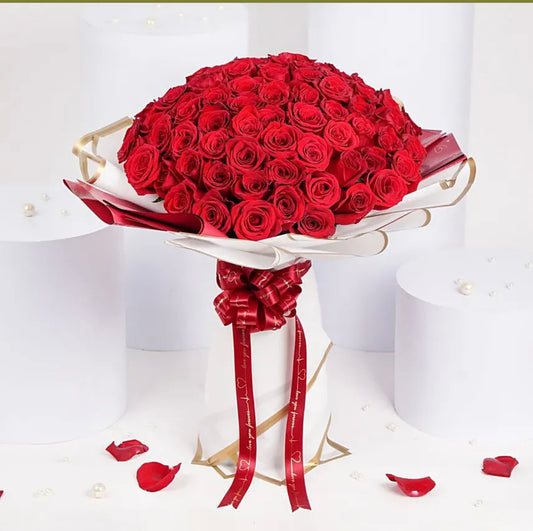 100  Red Roses Bouquet with Transparent Wrapping