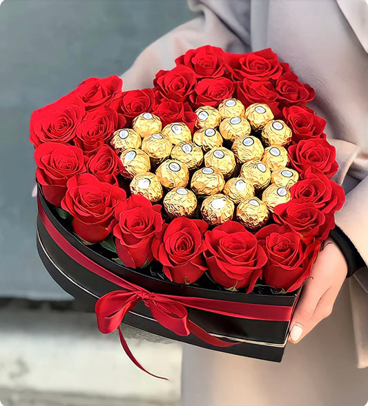 Heart box Flowers and Chocolate inside