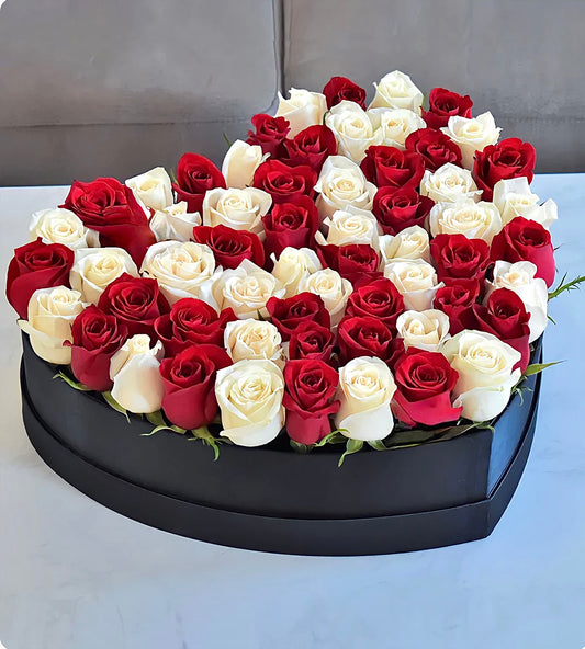 Heart box with White and Red Roses