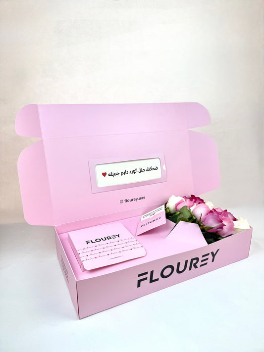 Flourey Pink Box with White and Red Roses