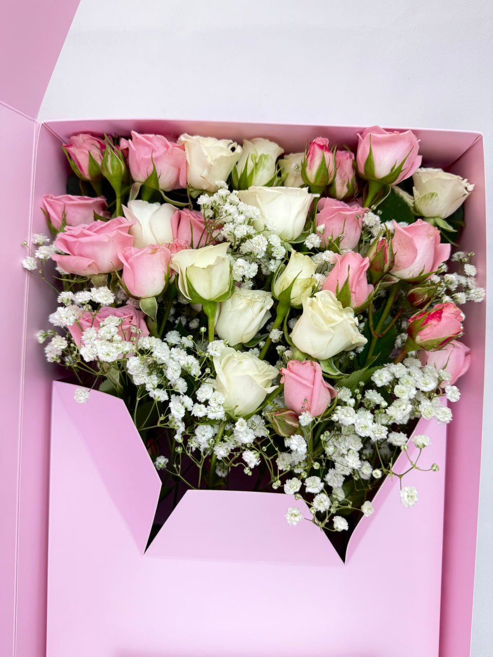 Flourey Pink Box with Pink and White baby roses