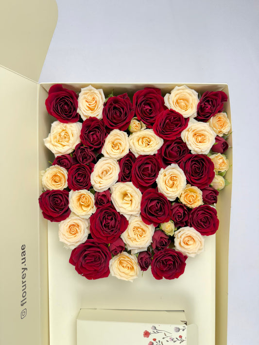 Flourey Beige Box with White and Red Roses